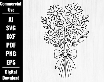 Arte lineal de margaritas sencillas, lazo coqueto, SVG, primavera floral, PNG, clipart, margaritas, EPS, vector de margarita, descarga digital floral, margarita floral bohemia, láser