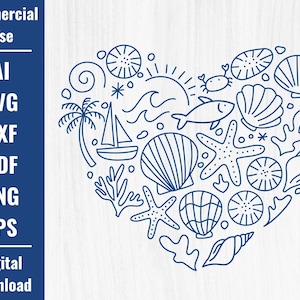 May include: A blue line art illustration of a heart filled with nautical elements. The design includes a sailboat, palm tree, seashells, starfish, waves, a fish, and the words "Commercial Use" and "Digital Download".