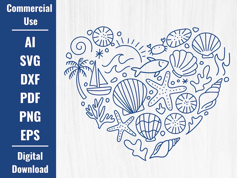 May include: A blue line art illustration of a heart filled with nautical elements. The design includes a sailboat, palm tree, seashells, starfish, waves, a fish, and the words "Commercial Use" and "Digital Download".