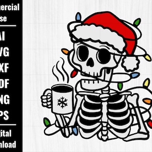 May include: A cartoon skeleton wearing a Santa hat and holding a cup of hot chocolate. The skeleton is surrounded by Christmas lights.