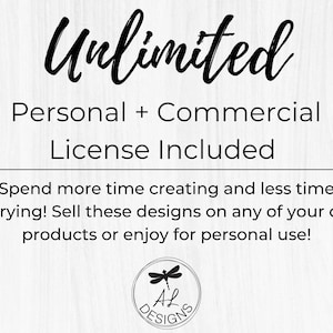 May include: White background with black text that reads "Unlimited Personal + Commercial License Included." The text encourages users to sell designs on products or use them personally. A circular logo with a dragonfly is at the bottom.