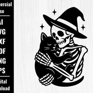 skeleton and black cat svg, cute halloween svg, witchy skeleton png, halloween sublimation, black cat shirt, cricut cut file, spooky hug svg