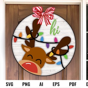 Placa de Feliz Natal de Rena SVG - Cabide de Porta de Natal Svg - Rena Svg - Arquivos de Corte a Laser - Placa de Porta de Natal - Moldura Circular Svg