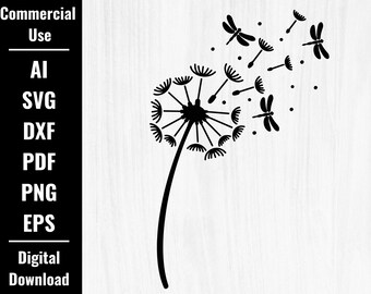 Dandelion & Dragonflies SVG, PNG, EPS, Dandelions Wild Flower Svg, Instant Download, Digital Download, Floral Clipart, Flower Silhouette