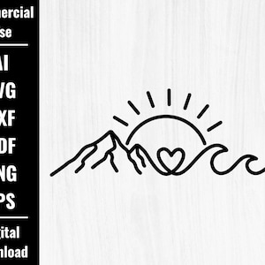 May include: Black and white line art design featuring a mountain range, sun, heart, and ocean waves. The image includes the text "Commercial Use" and file type options: AI, SVG, DXF, PDF, PNG, EPS, and "Digital Download."