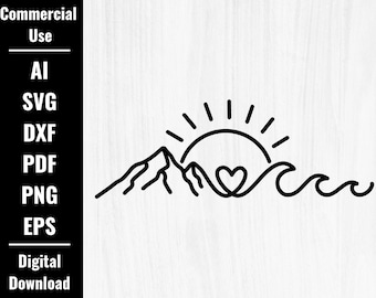 simple mountain heart waves sun svg, wave mountain svg, wave png clipart, mountain sun wave lineart, wave shirt, sunrise mountain cricut cut