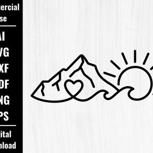 May include: Black and white line art design featuring a mountain range, a heart, ocean waves, and a sun. The image includes the text "Commercial Use" and "Digital Download" with file type options: AI, SVG, DXF, PDF, PNG, and EPS.
