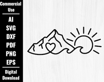 simple ocean wave mountain sun svg, wave mountain svg, wave png clipart, mountain sun wave line art, wave shirt, sunrise mountain cricut cut