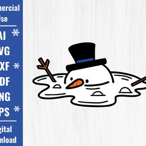 May include: A cartoon illustration of a melting snowman. The snowman has a black top hat with a blue band, a carrot nose, and stick arms. The snowman is white with black outlines and is melting into a puddle.