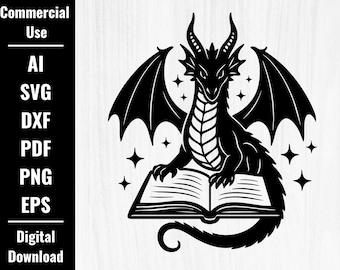 Drago fantasy che legge in formato SVG, amante dei libri in formato PNG, clipart di drago, vettore di libri che leggono, drago magico in formato DXF, maglietta con drago, taglio cricut del drago