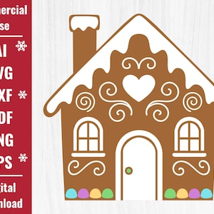 Op de afbeelding: Illustratie van een bruin peperkoekhuis met witte glazuurdetails, waaronder een hart, krullen en raamkozijnen. Het huis heeft een schoorsteen en een deur. De afbeelding bevat de tekst "Commercial Use" en "Digital Download".