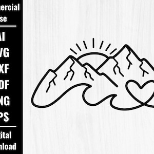 Puede incluir: Ilustración en blanco y negro de línea de arte de montañas con un sol y un corazón. Las montañas están estilizadas con picos irregulares y el corazón está en el centro de la imagen.