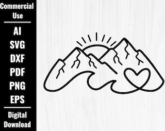 May include: Black and white line art illustration of mountains with a sun and a heart. The mountains are stylized with jagged peaks and the heart is in the center of the image.