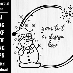 May include: Black and white digital design featuring a snowman with a hat and scarf, standing in front of a circle with the text "your text or design here" and a snowflake.