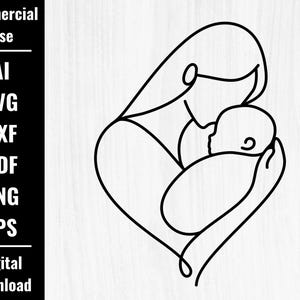 Può includere: Un disegno a tratto nero e bianco di una madre che tiene in braccio un bambino. L'immagine è un'illustrazione minimalista di una madre e un bambino, con il testo "Commercial Use" e le opzioni di tipo di file: AI, SVG, DXF, PDF, PNG, EPS e "Digital Download".
