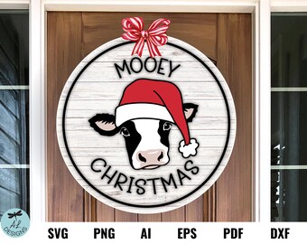 Cute Mooey Christmas Cow Christmas Sign SVG - Christmas Door Hanger Svg - Cow Svg - Laser Cut Files - Christmas Door Sign - Circle Frame Svg