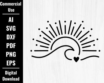 May include: Black and white digital design featuring a sun, wave, and heart. The design includes the text "Commercial Use" and file type options: AI, SVG, DXF, PDF, PNG, EPS, and "Digital Download".