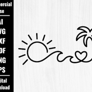 May include: Black and white line art design featuring a sun, waves, a heart, and a palm tree. The image includes the words "Commercial Use" and "Digital Download" along with file type abbreviations.