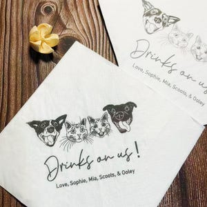 Custom Illustrated Dog Wedding Napkins, Personalized Pet Cocktail Napkins, Cat Lover Shower Napkins, Dog Cocktail Napkins, Beverage Napkins
