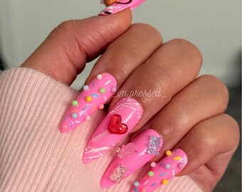Sweet Tooth Press On Nails, Handmade Pink Sprinkle Nail Set