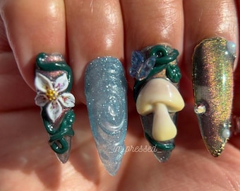 Enchanted Forest Press On Nails: Handmade Mushroom, Flower Nail Art