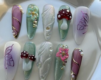 Fairy Garden Press On Nails, Handmade Mushroom Nail Set