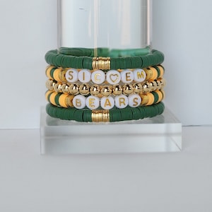 Green and Gold Game Day Heishi Coin Stack Bracelet, Layering Bracelets, Color Block Stretch Bracelets, Friend Sorority Sister Mom Gift