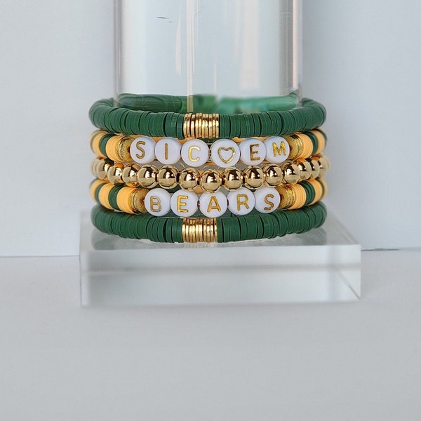 Green and Gold Game Day Heishi Coin Stack Bracelet, Layering Bracelets, Color Block Stretch Bracelets, Friend Sorority Sister Mom Gift