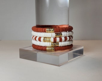 Burnt Orange Game Day Heishi Coin Stack, Layering Bracelets, Color Block Bracelet, Stretch Bracelets, Friend Sorority Sister Mom Gift