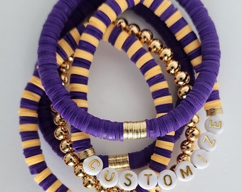 Purple and Gold Heishi Coin Stack Bracelet, Layering Bracelets, Color Block Bracelet Stretch Bracelets, Friend Sorority Sister Mom Gift