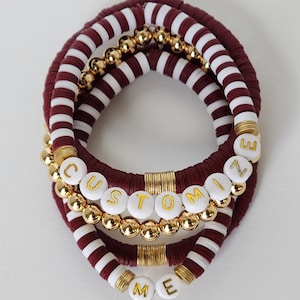 Maroon and White Game Day Heishi Coin Stack, Layering Bracelet, Color Block Stack, Stretch Bracelet, Friend Sorority Sister Mom Gift