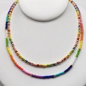 Seed Bead Colorful and Gold Necklaces, Laying Necklaces, Adjustable Necklace, Minimalist Jewelry, Multicolor Choker