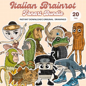 Italian Brainrot Clipart 20 PNG Bundle, Fanart, Tung Tung Tung Sahur, Ballerina Cappuccina, Tralalero Tralala, Viral Meme