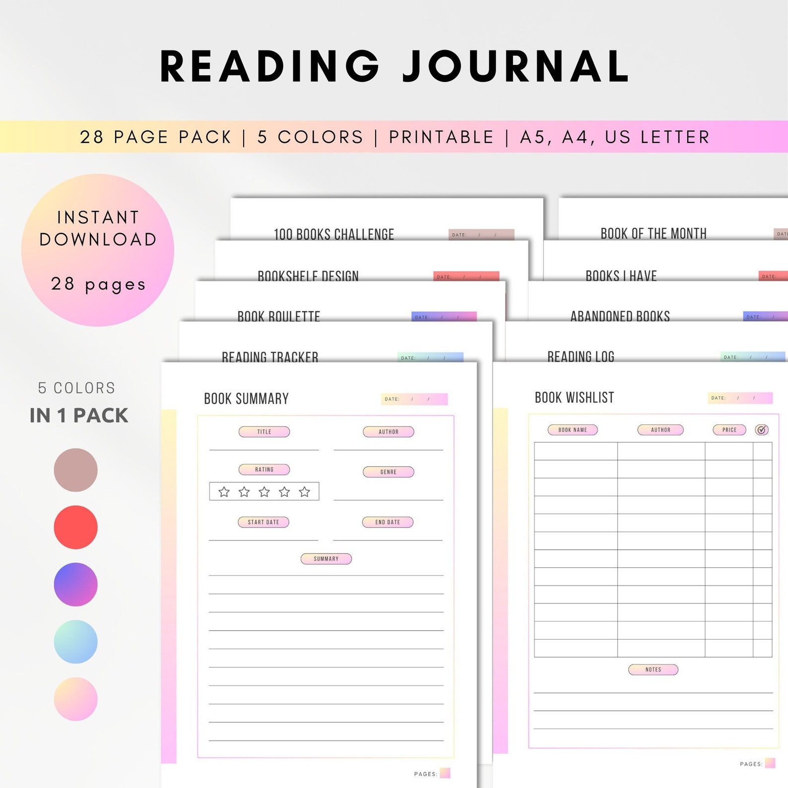 Reading Tracker, A5 Planner Inserts, Book Reading Journal PDF Bundle ...