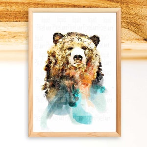 Watercolor Grizzly Bear Print for Brown Bear Wall Decor