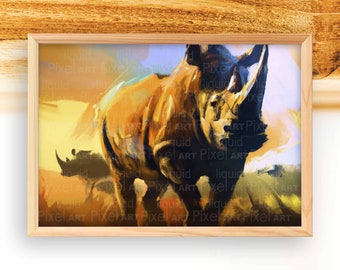 Rhinoceros Art Print, Rhino Painting Wall Art, African Animal Print