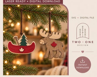 Paquete de archivos SVG de adornos de alces y canoas canadienses / Decoración navideña cortada con láser (descarga digital)