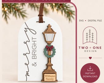 Adorno navideño para farola "Merry & Bright" en formato SVG, adorno navideño familiar personalizado, descarga digital.