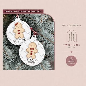 May include: Two round white wooden ornaments with a black herringbone pattern and red and white string. One ornament features a gingerbread person with a red bow, the other a gingerbread person with a red bowtie. Names PEYTON and NASH are printed.