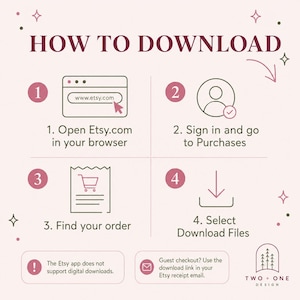 May include: An instructional graphic titled HOW TO DOWNLOAD with four numbered steps. Step 1 shows a browser window with www.etsy.com. Step 2 shows a user icon. Step 3 shows a receipt with a cart. Step 4 shows a download arrow. Includes two notes.