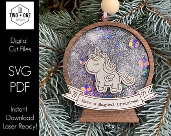 Unicorn Snowglobe Ornament SVG: Shaker Ornament Laser Cut Files (PDF)