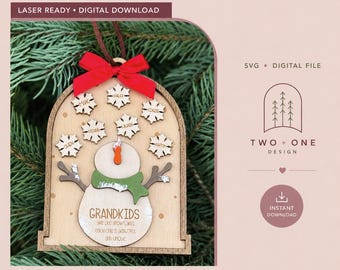 Adorno navideño personalizado de muñeco de nieve para nietos en formato SVG / Archivo láser navideño