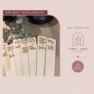 May include: A set of light-colored wooden dividers featuring laser-cut letters and numbers including A-D, E-H, I-L, M-O, P-S, T-W, and X-7. The image includes text reading LASER READY, DIGITAL DOWNLOAD, SVG, DIGITAL FILE, TWO + ONE DESIGN, and INSTANT DOWNLOAD.