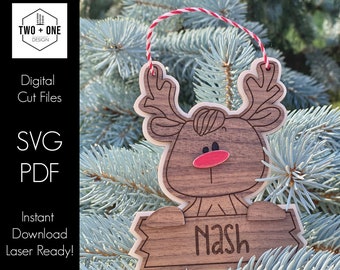Santa's Reindeer custom Name Christmas ornament, laser file, svg, Glowforge