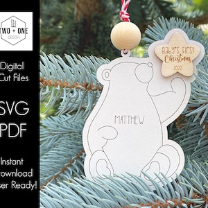 Baby's eerste kerst ijsbeer ornament Svg lasergesneden bestand | Baby's 1e kerst ornament Svg | IJsbeer Svg | Laserornamentbestanden