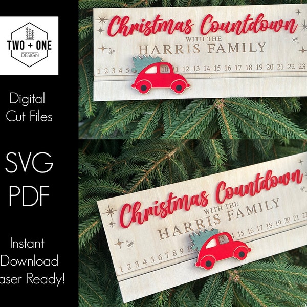 File laser SVG per il conto alla rovescia del calendario di Natale dell'auto rossa Taglio digitale del legno Glowforge / Conto alla rovescia
