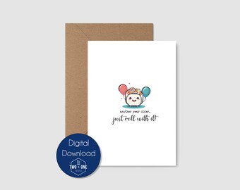 Tarjeta de cumpleaños divertida de sushi: Juego de palabras "Roll With It" (Descarga digital)