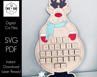 File laser SVG per il conto alla rovescia del calendario di Natale delle renne Taglio digitale del legno Glowforge