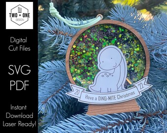 Dinosaur Christmas Snowglobe Ornament SVG, Laser Cut File (PDF)