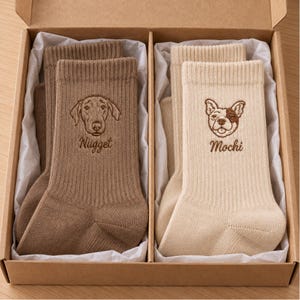 Puede incluir: Un par de calcetines de canalé en una caja de regalo de cartón. El calcetín izquierdo es marrón con una cara de perro bordada y el nombre Nugget. El derecho es crema con una cara de perro bordada y el nombre Mochi. Ambos tienen textura acanalada.
